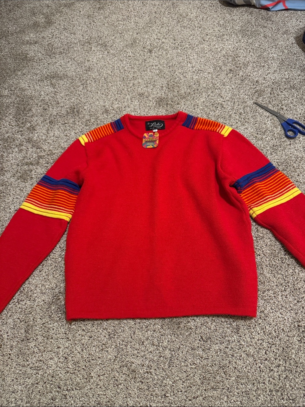 Lido Vintage Women's Red Crewneck Sweater with Multicolor Striped size M